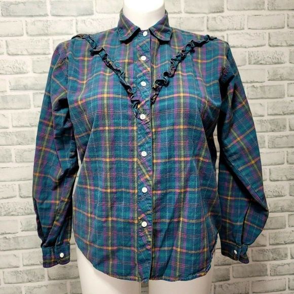 Vintage Via America Trails‎ Plaid Ruffle V Hem Long Sleeve Button Front Western - Picture 1 of 9